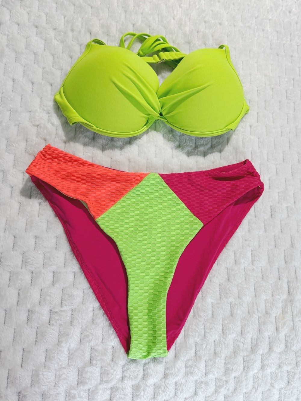 Neon Colorblock Push-Up Bikini Set - Lime, Pink & Orange